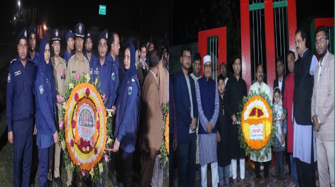 পুঠিয়ায় একুশের প্রথম প্রহরে জাতির শ্রেষ্ঠ সন্তানদের শ্রদ্ধা ভরে স্মরণ পুষ্পস্তবক অর্পণ