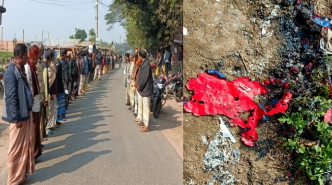 বাগমারায় নৌকার নির্বাচনী অফিসে আগুন, শাস্তির দাবীতে মানববন্ধন